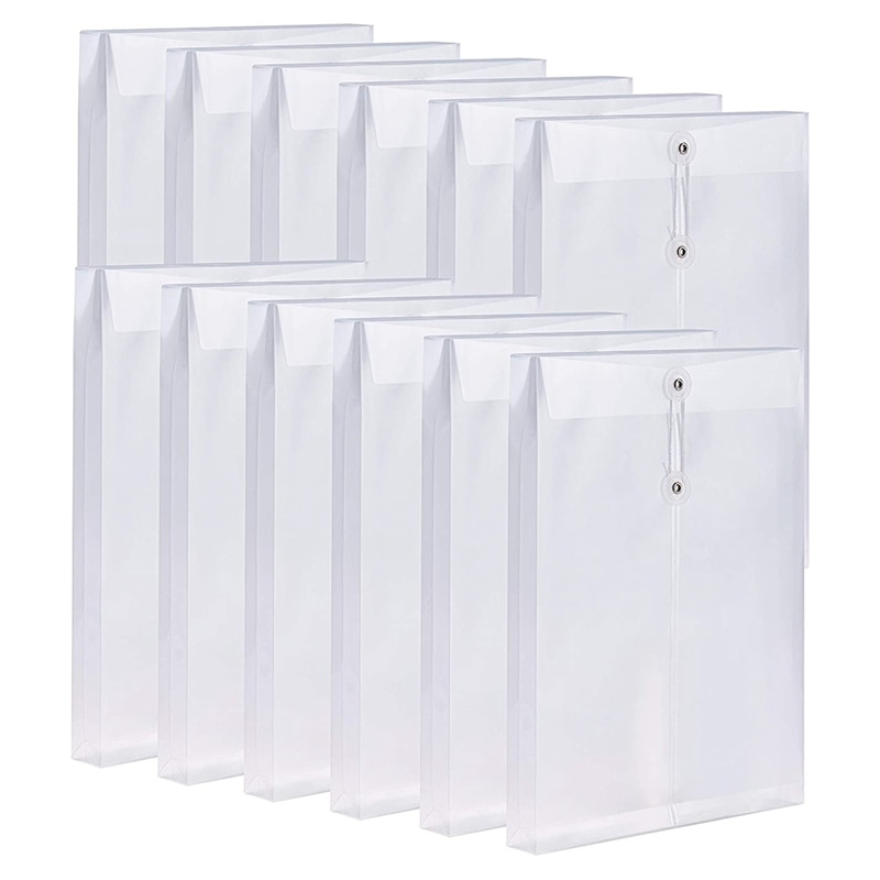 투명 플라스틱 폴리 봉투, 확장 가능한 파일, 문서 폴더, 버튼 및 스트링 타이 클로저, A4, 12 팩